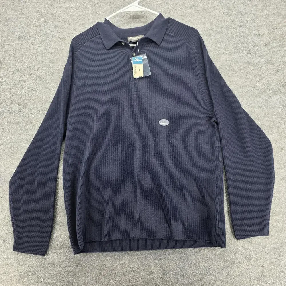 Eddie Bauer Sweater Mens L Blue Collared Knit Pullover 100% Cotton Casual